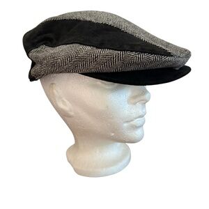 VTG Tweed Ivy Flat Cap Newsboy Cabbie Black Grey Herringbone Peaky Blinders